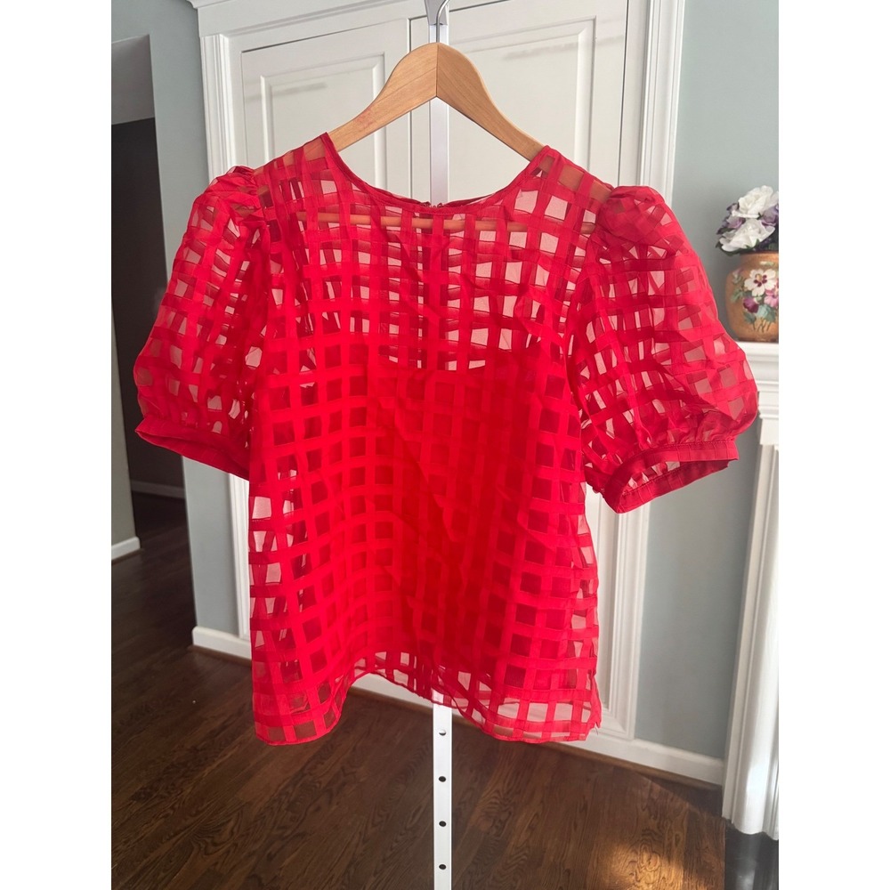 Red Puff Sleeve Grid-Pattern Top - Picture 5 of 11
